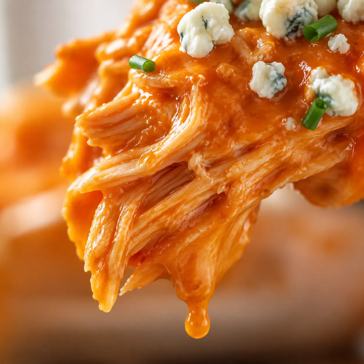 Macro close-up of glossy buffalo chicken with blue cheese crumbles