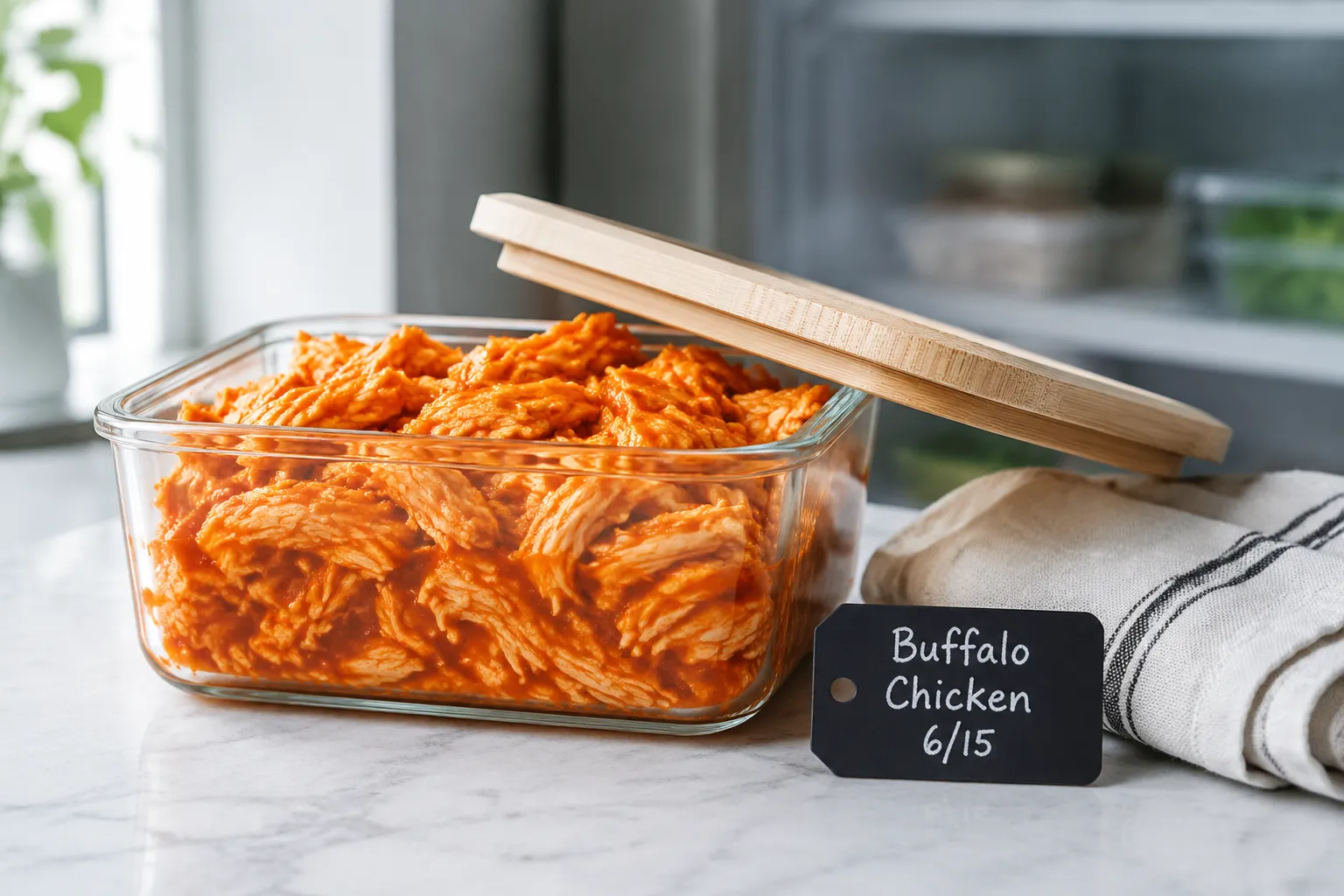 Leftover buffalo chicken stored in a glass meal prep container