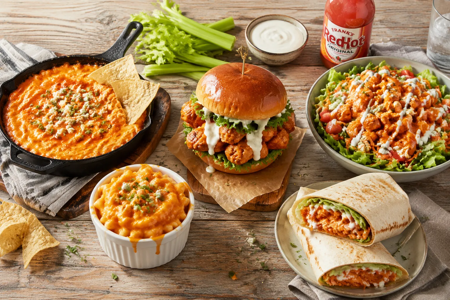 Five buffalo chicken recipes: dip, mac and cheese, sandwich, salad, wrap