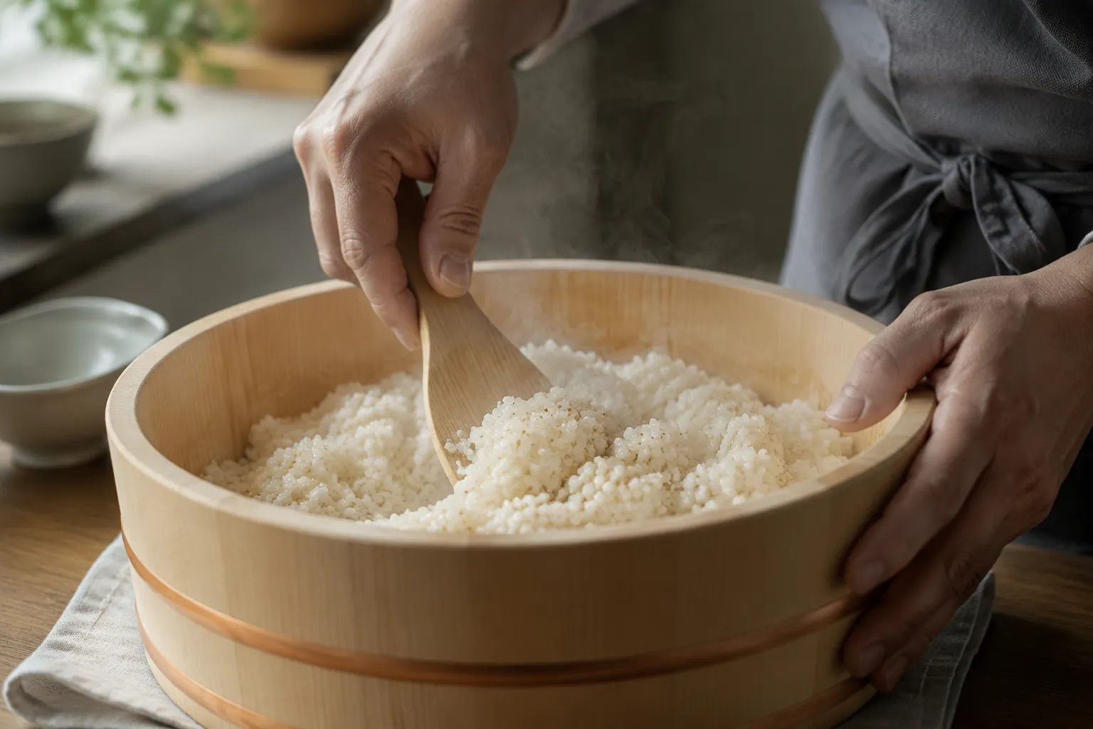 Seasoning sushi rice for spam musubi recipe in a wooden bowl