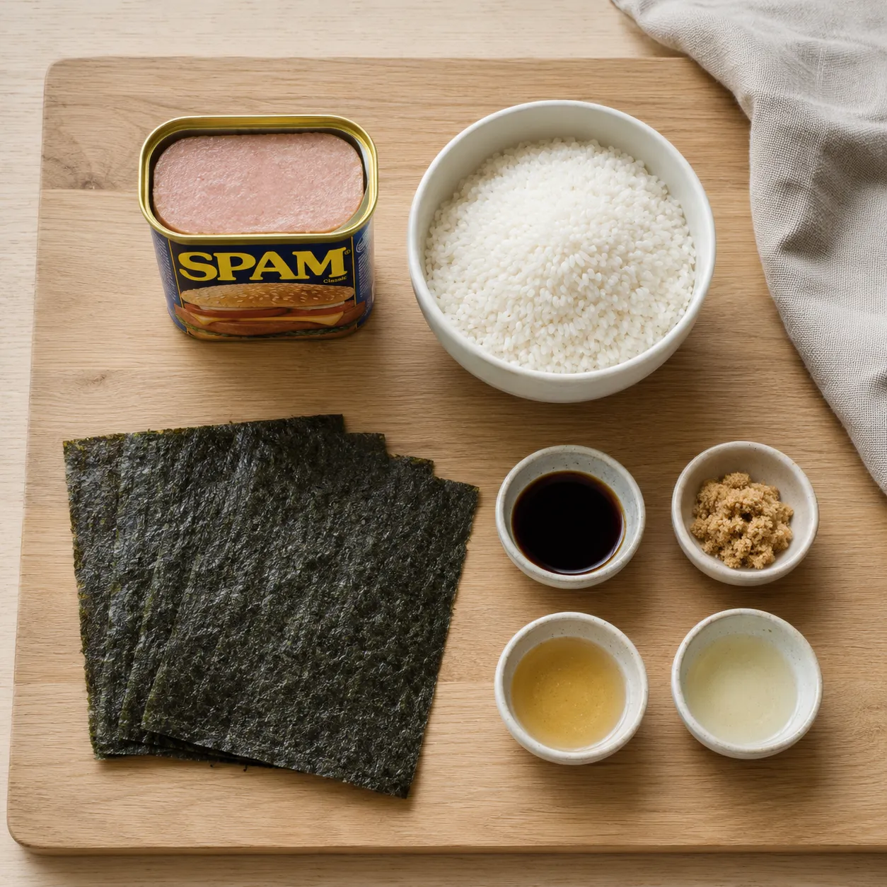 Spam musubi recipe ingredients flatlay with Spam, sushi rice, and nori