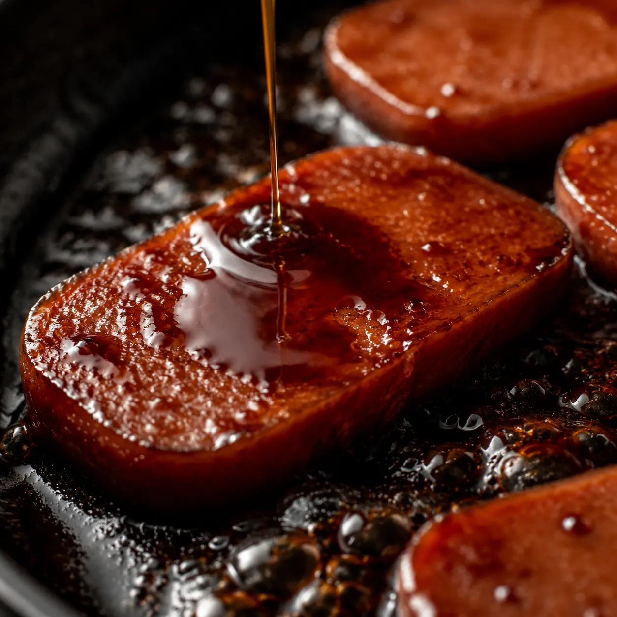 Teriyaki glaze coating Spam slices for spam musubi recipe