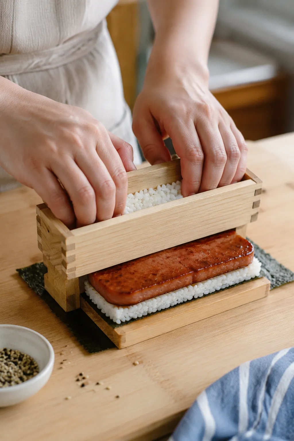 Assembling spam musubi recipe with a wooden musubi mold