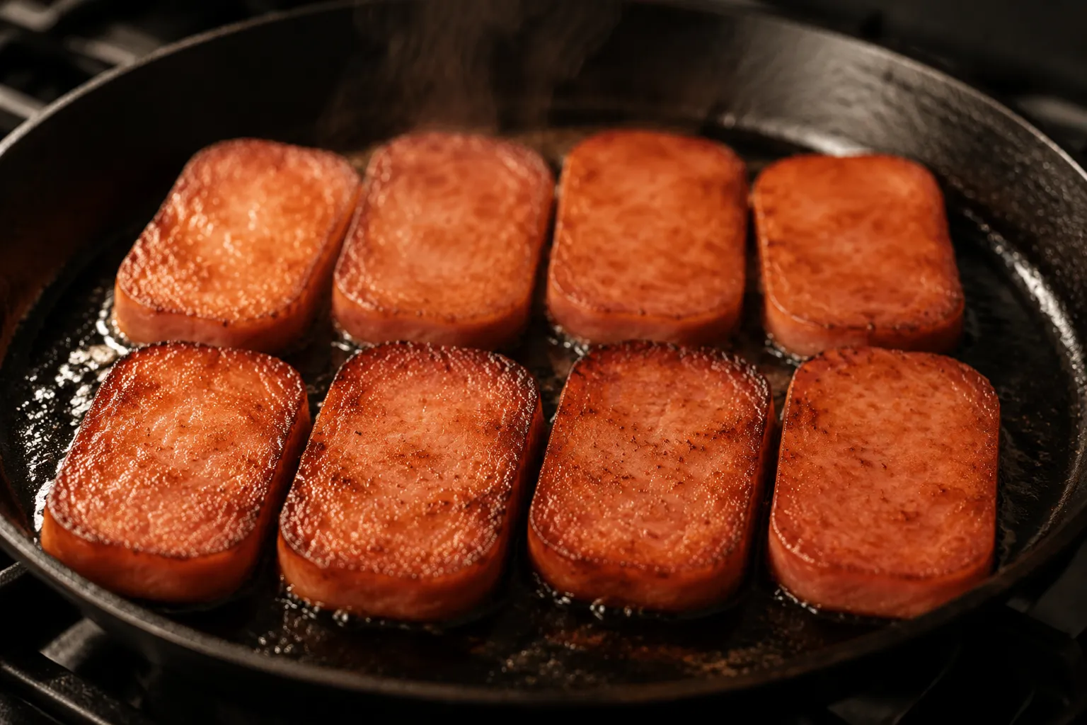 Spam slices pan-frying for homemade spam musubi recipe