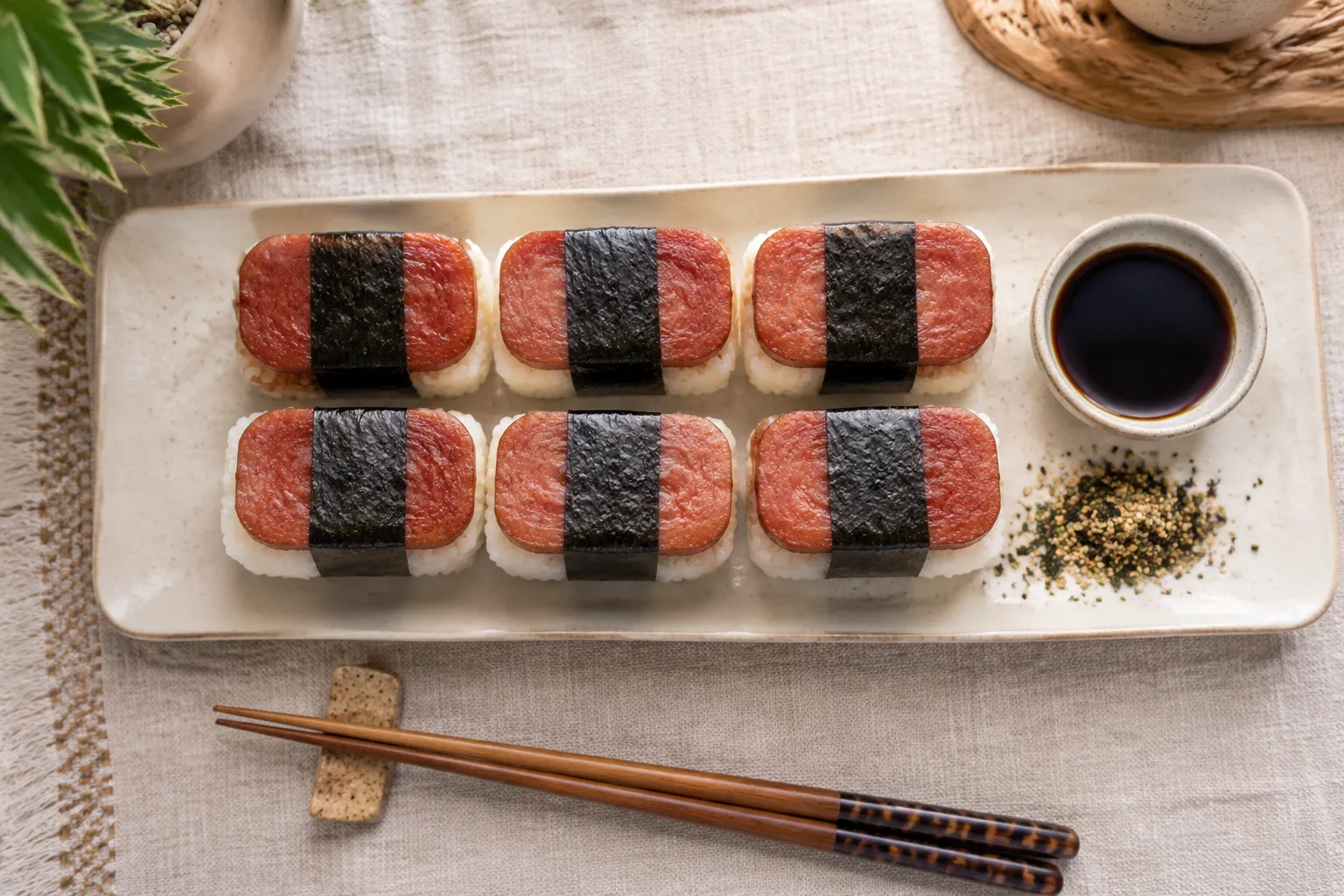 Finished spam musubi recipe arranged on a ceramic serving platter