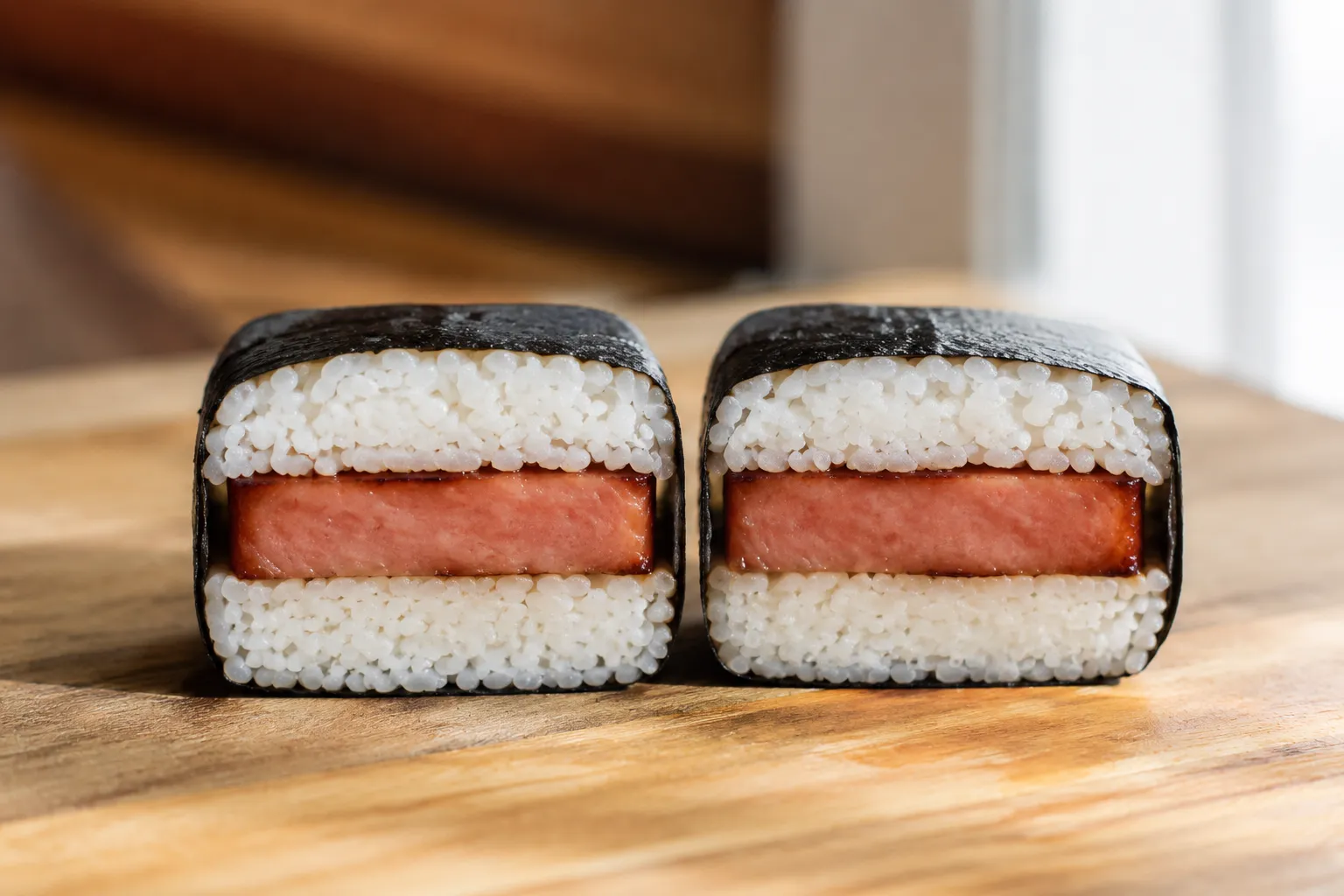 Spam musubi recipe cross section showing rice, Spam, and nori layers