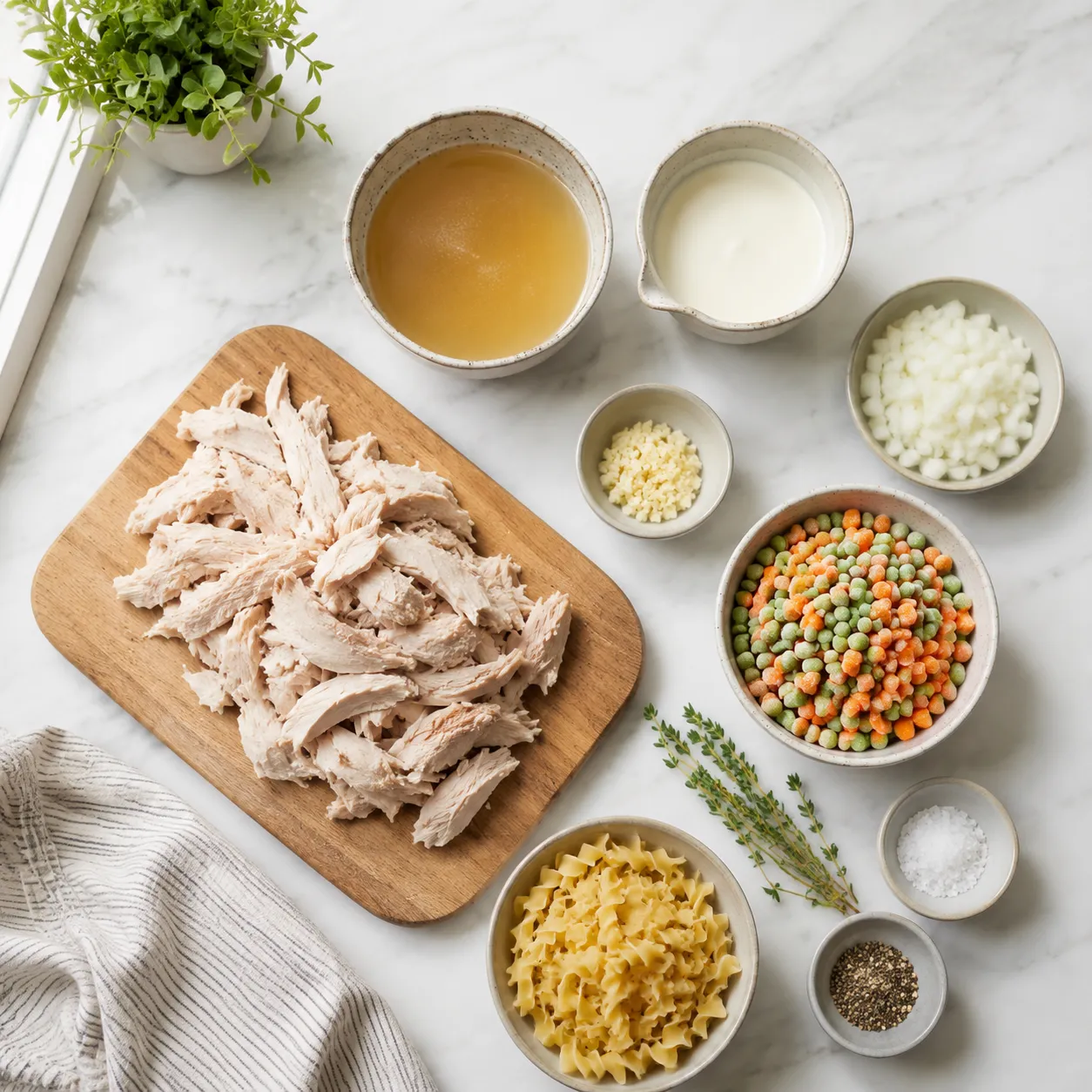 Ingredients for easy leftover turkey recipes laid out on a marble board