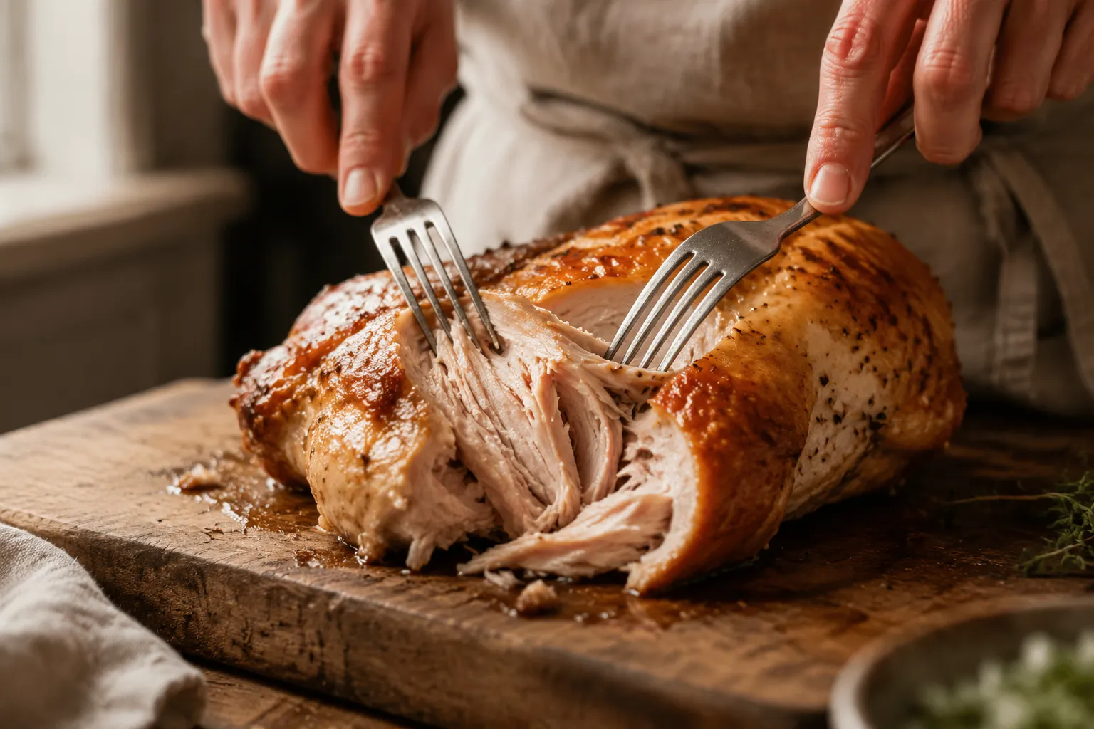 Shredding cooked turkey with two forks for leftover turkey recipes