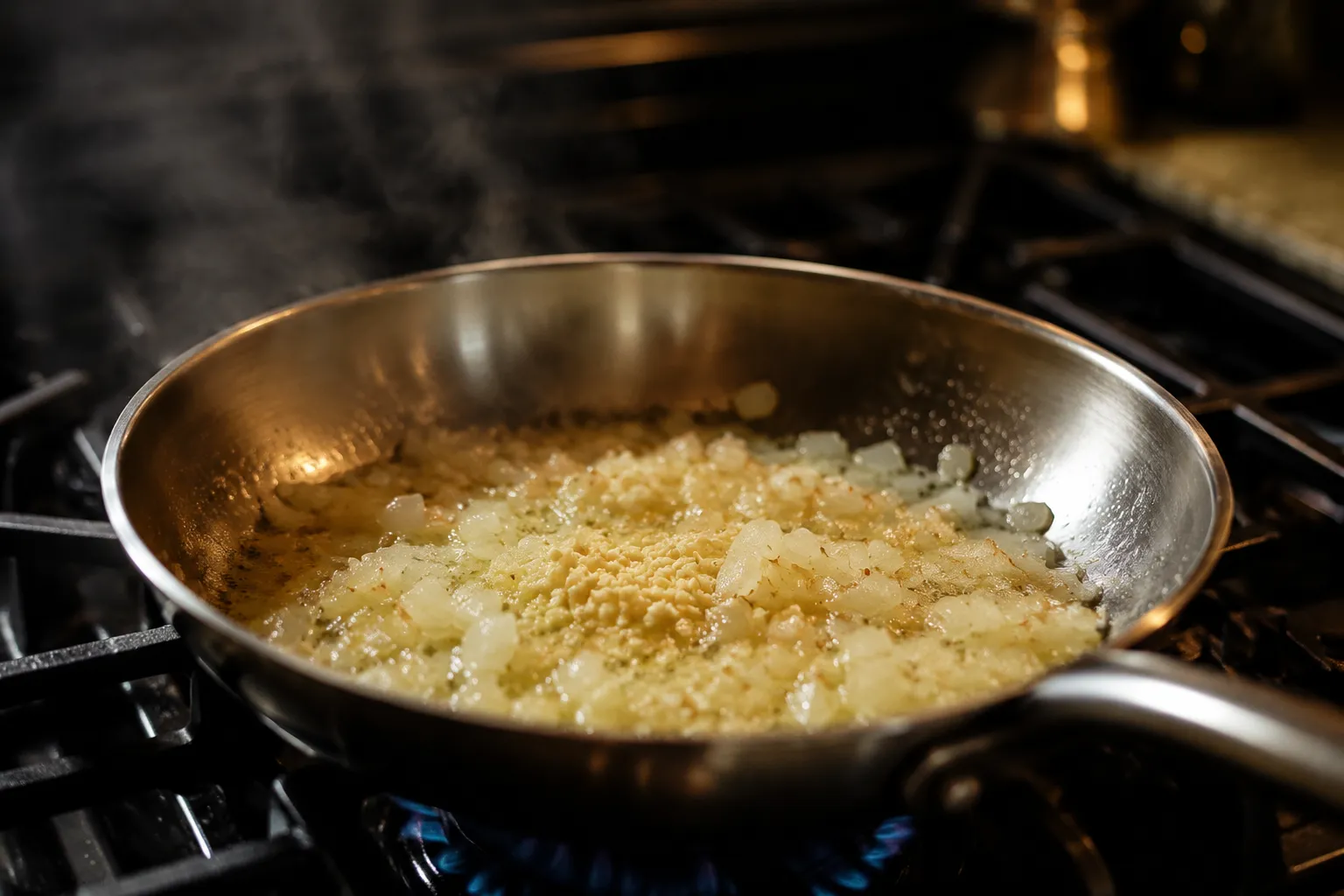 Sauteing onion and garlic for a quick leftover turkey skillet recipe