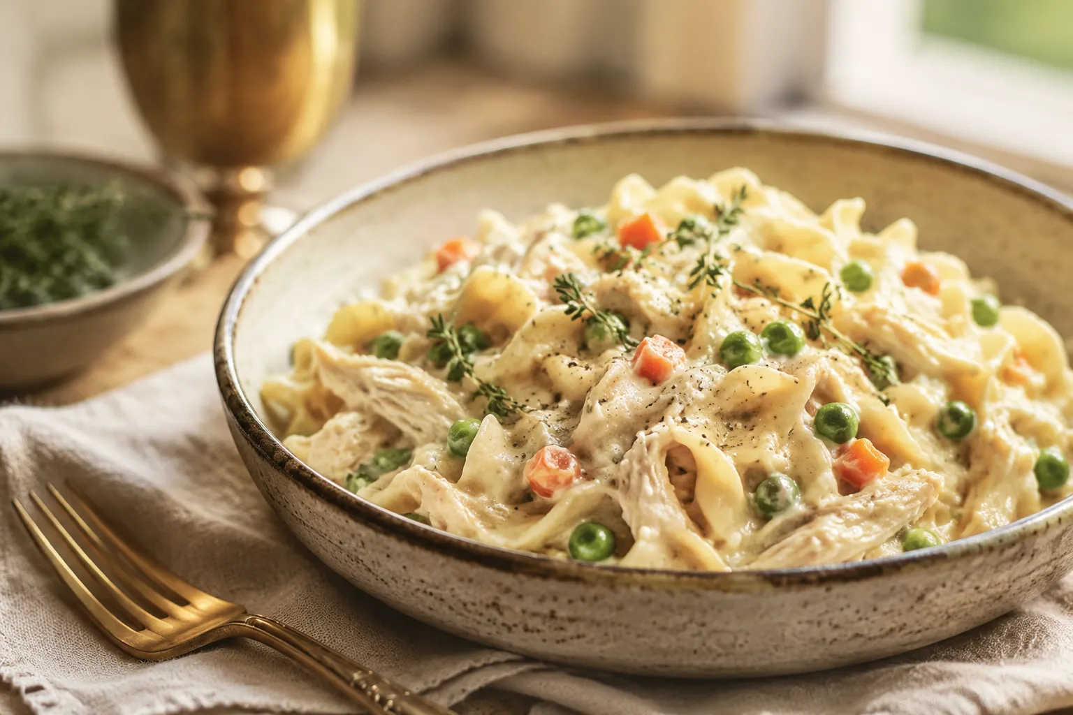 Finished creamy leftover turkey noodles in a shallow bowl with thyme