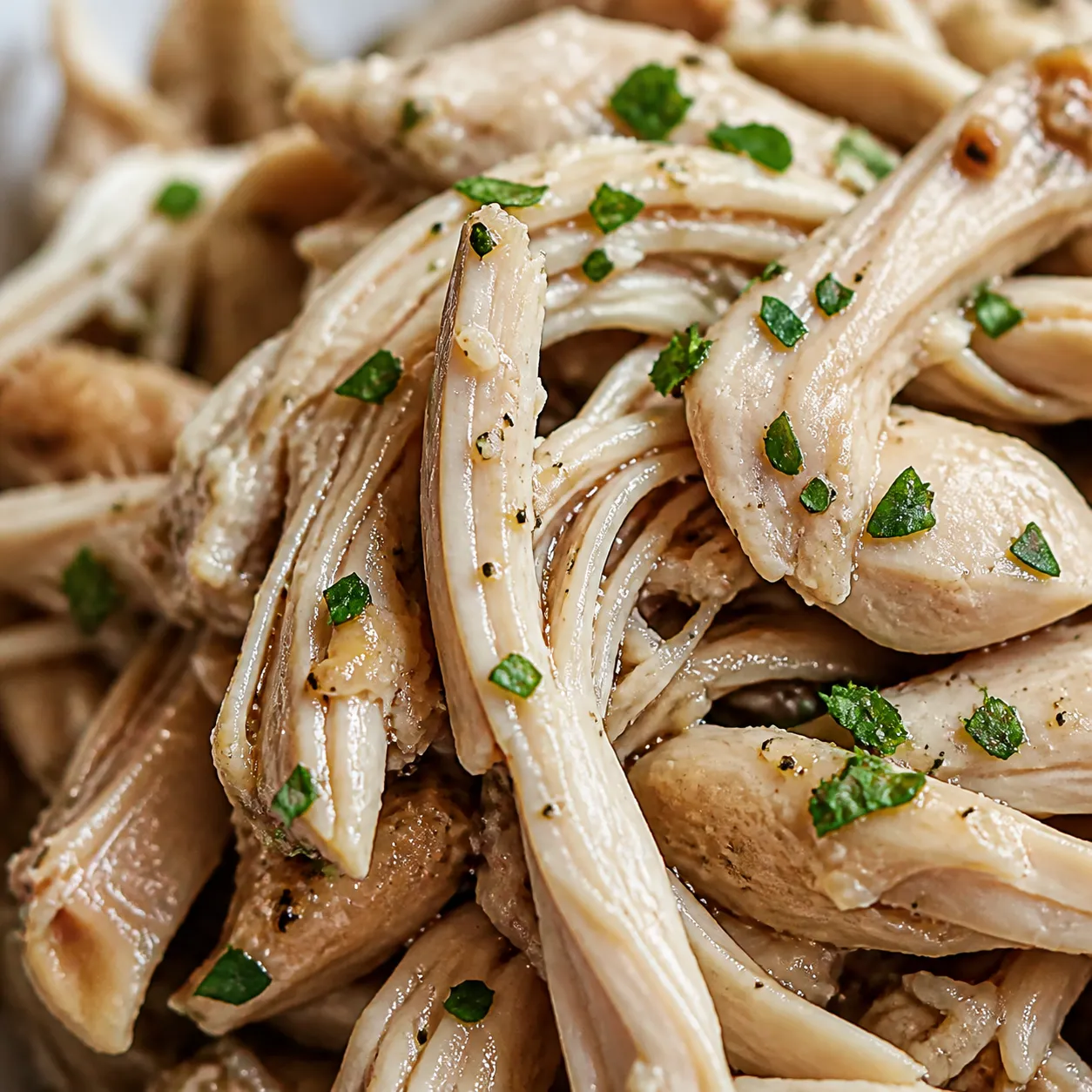 Close-up of moist shredded leftover turkey ready for recipes