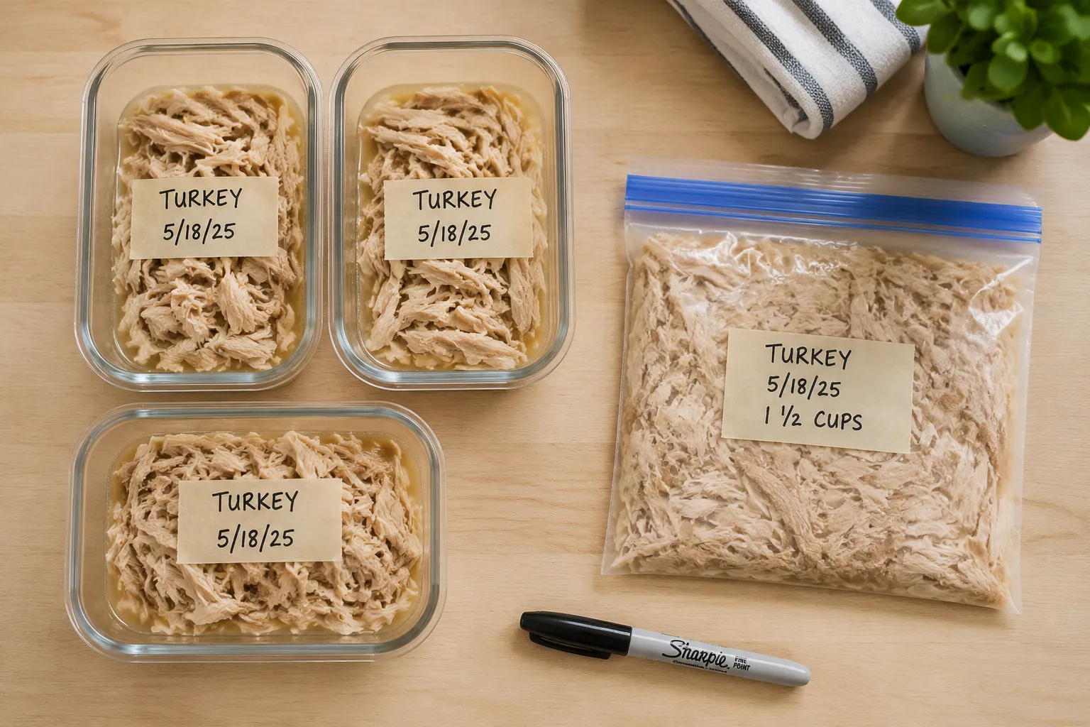 Storing leftover turkey in meal prep containers and freezer bags