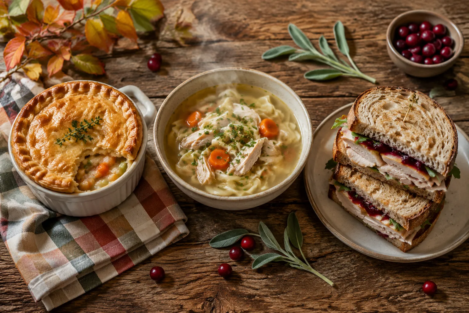 Leftover turkey recipes spread: pot pie, soup, and turkey cranberry sandwich