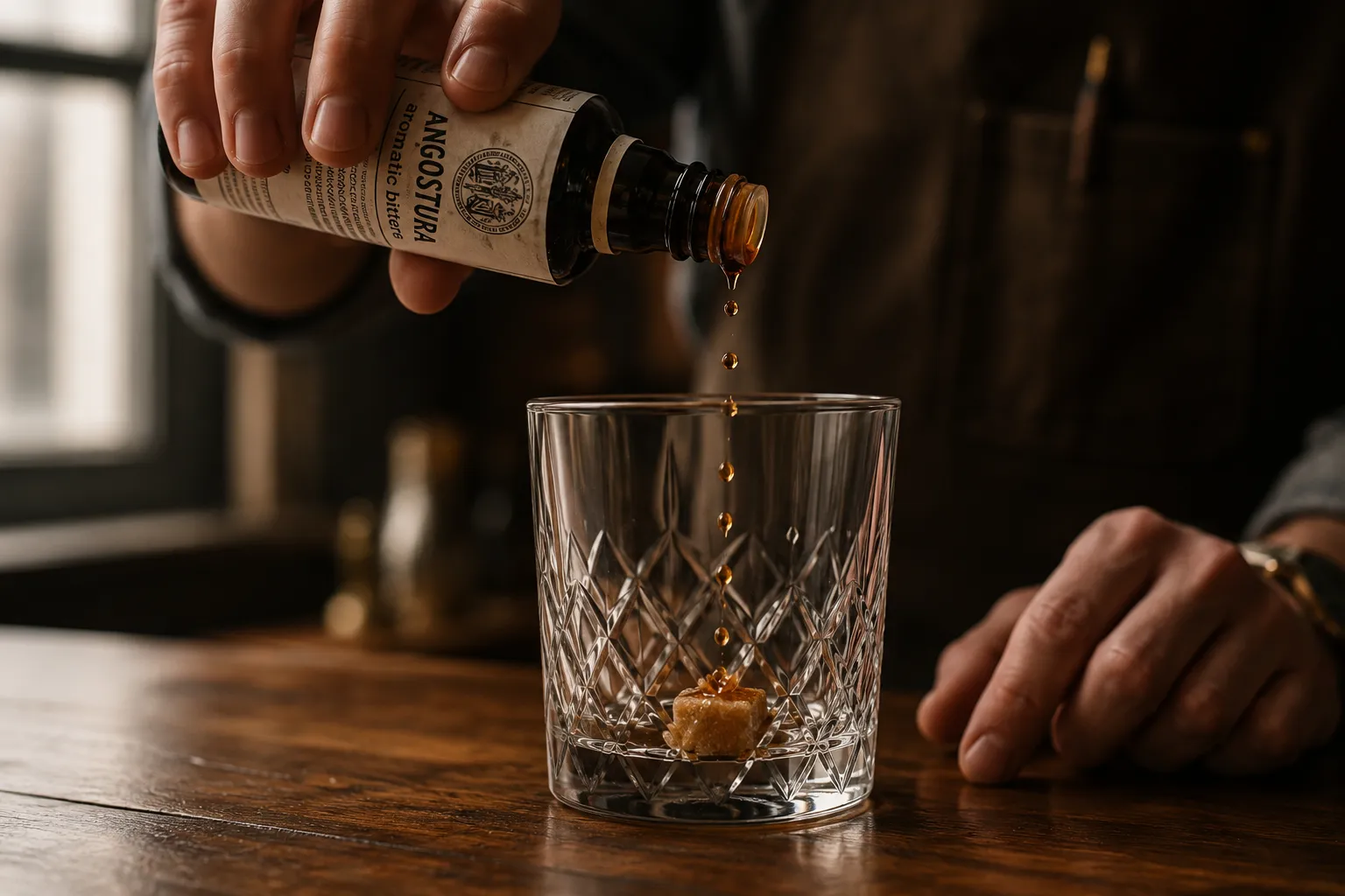 Adding bitters to sugar cube to make bourbon old fashioned cocktail