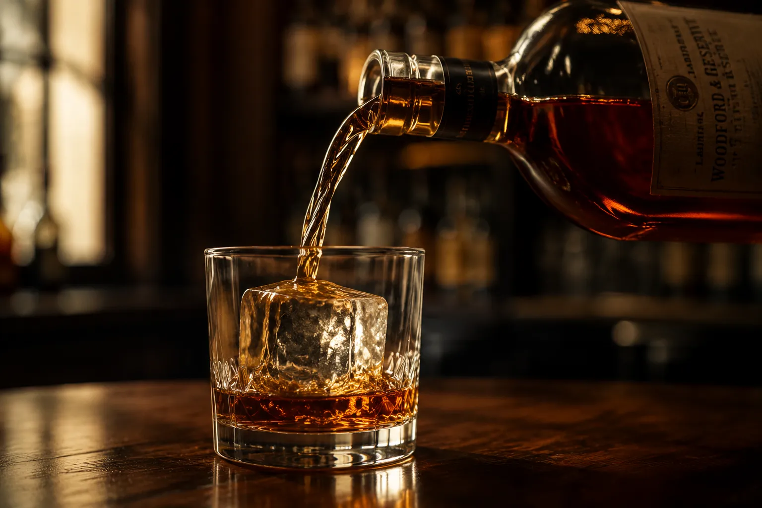 Pouring bourbon whiskey for old fashioned over a large ice cube