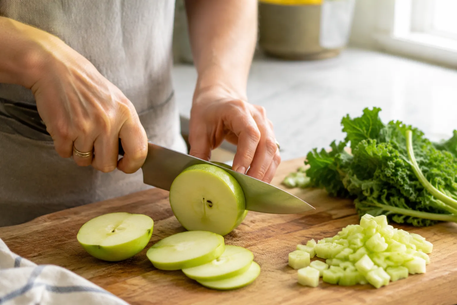 Chopping green apple and greens for homemade green juice