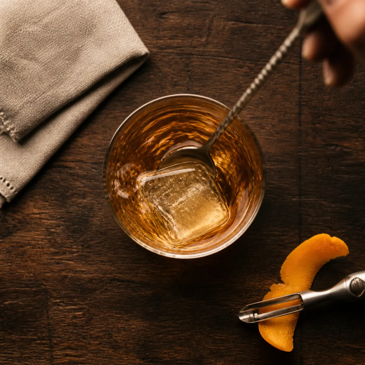 Stirring an old fashioned cocktail bourbon with a bar spoon