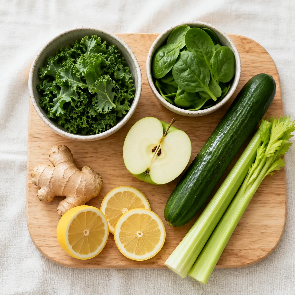 Fresh ingredients for green juice recipe arranged on a wood board