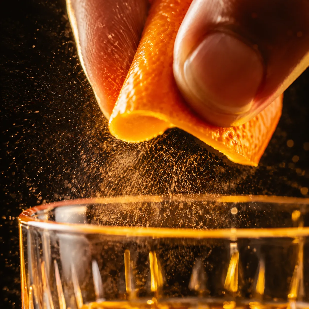 Expressing orange peel oils over a bourbon old fashioned