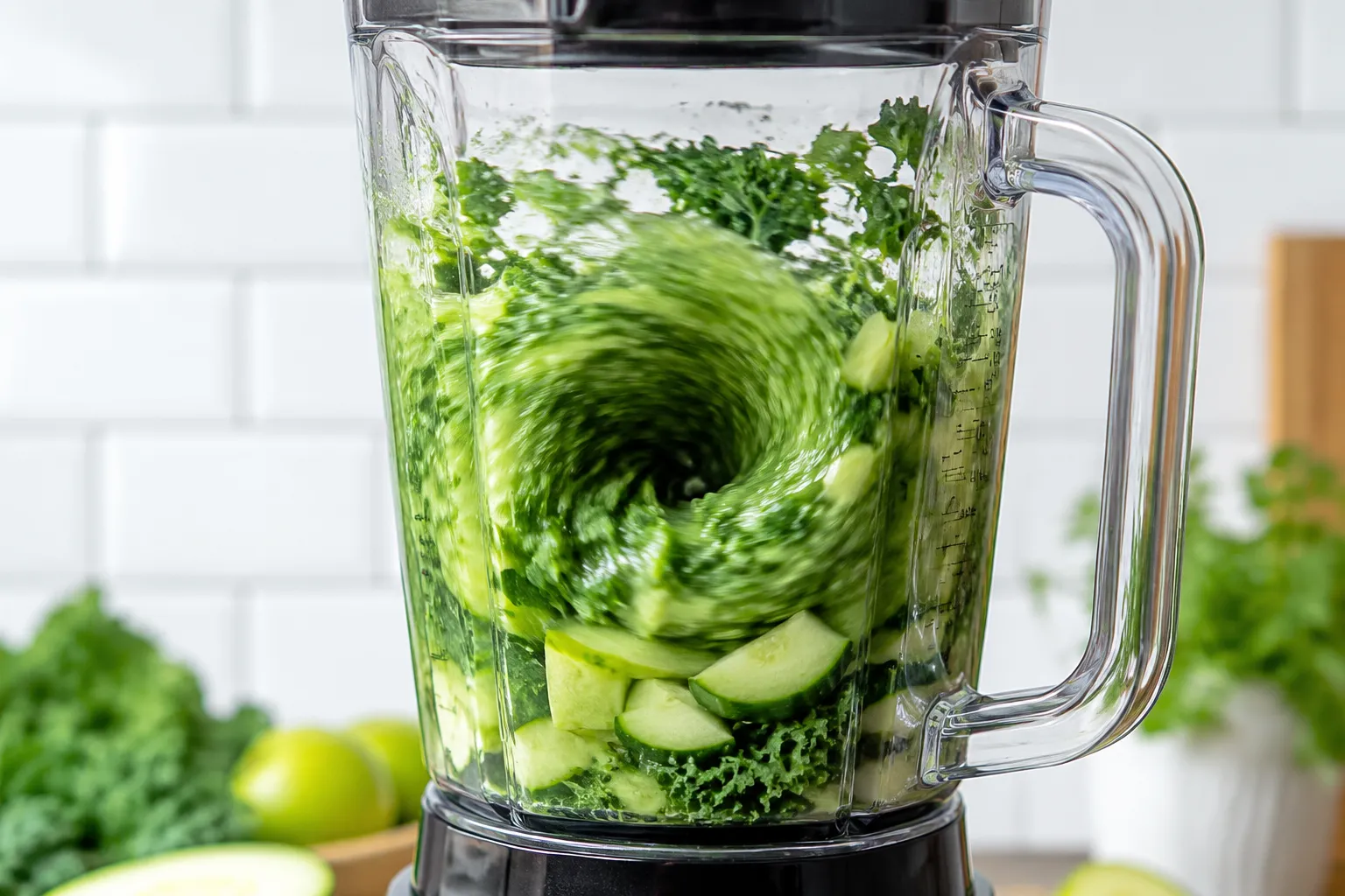 Blender swirling with kale, cucumber, and apple for green juice