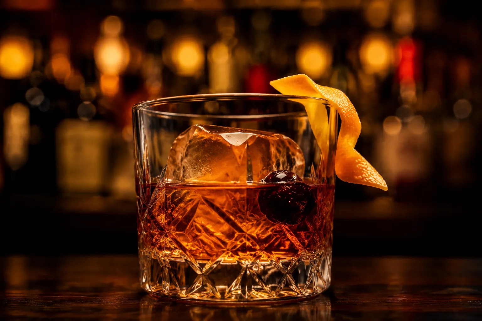 Finished old fashioned bourbon cocktail garnished with cherry and orange peel