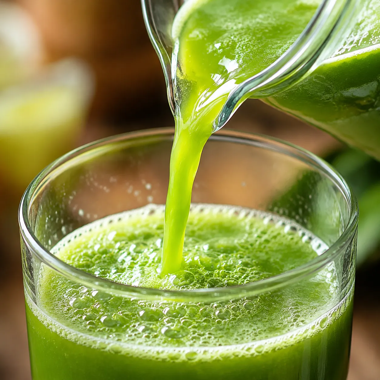 Close-up of fresh green juice being poured into a glass