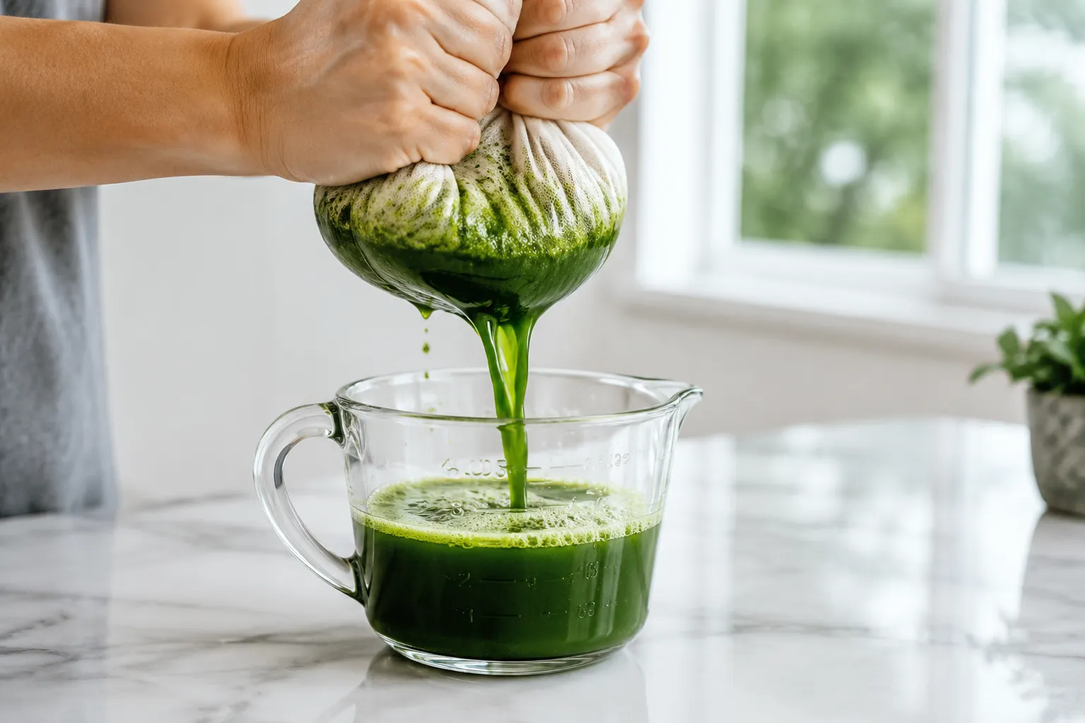 Straining green juice through a nut milk bag into a measuring cup
