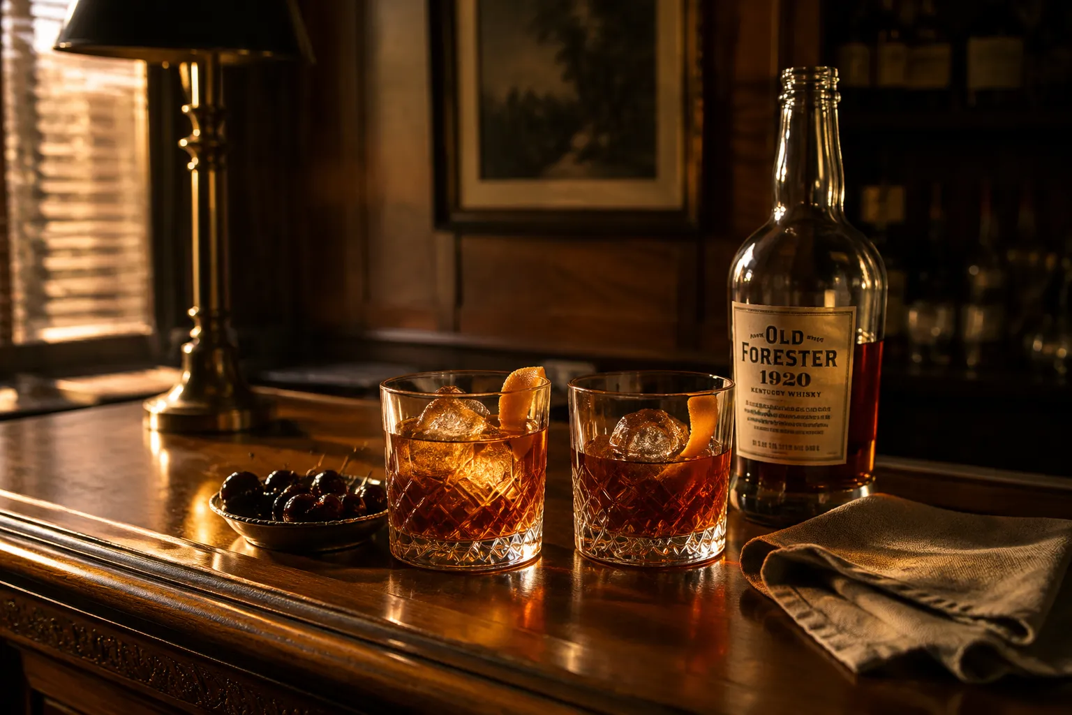 Two bourbon old fashioned drinks served on a walnut bar