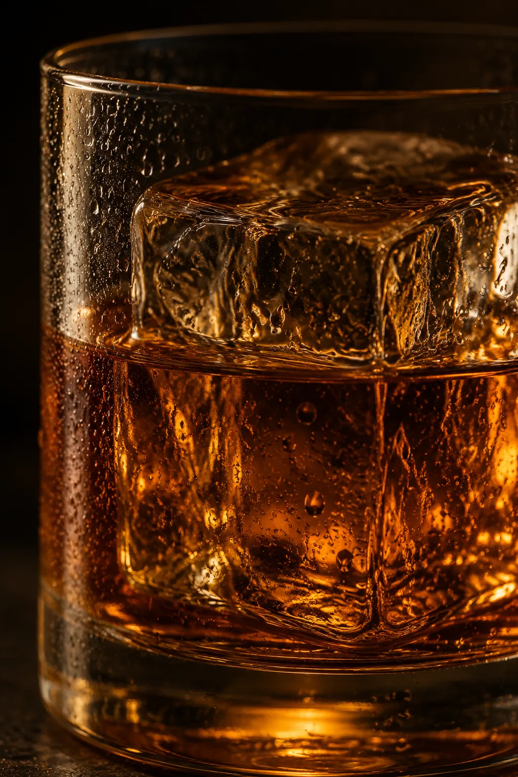 Large clear ice cube in a bourbon old fashioned recipe close-up