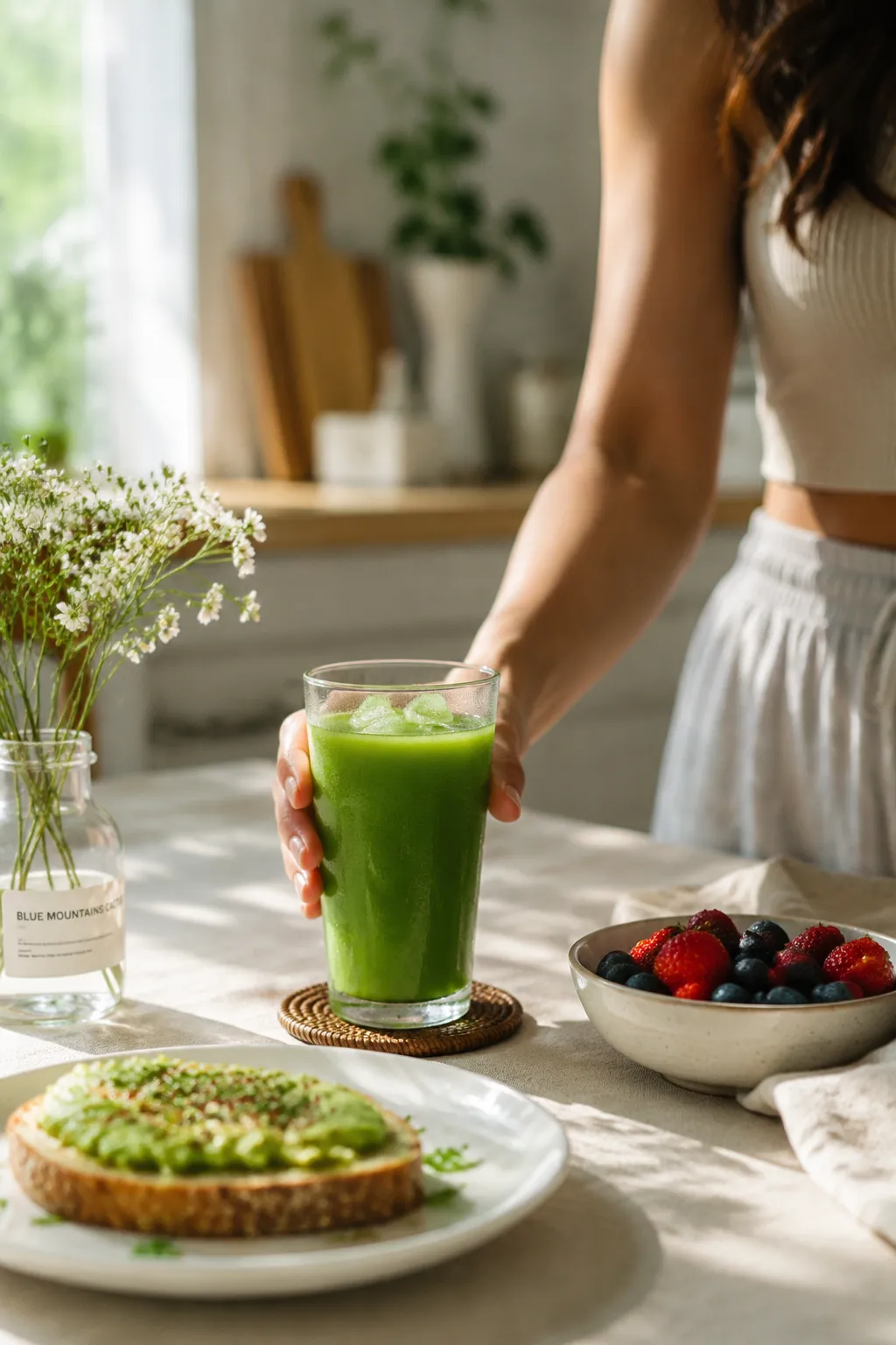 Hand reaching for green juice at a sunlit breakfast table