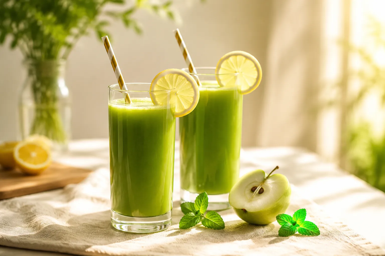 Two glasses of finished green juice recipe styled with lemon and mint