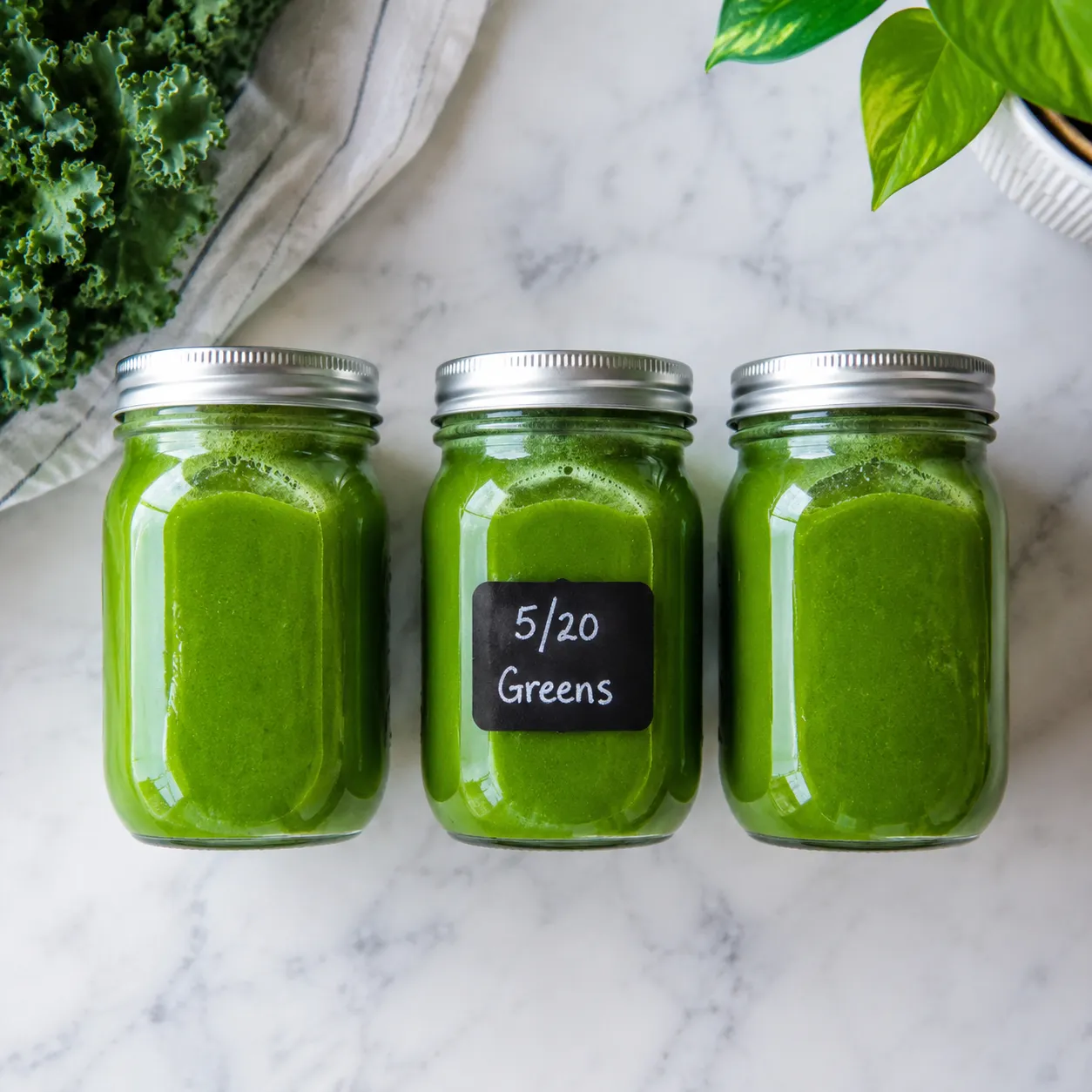 Mason jars of homemade green juice prepped for fridge storage