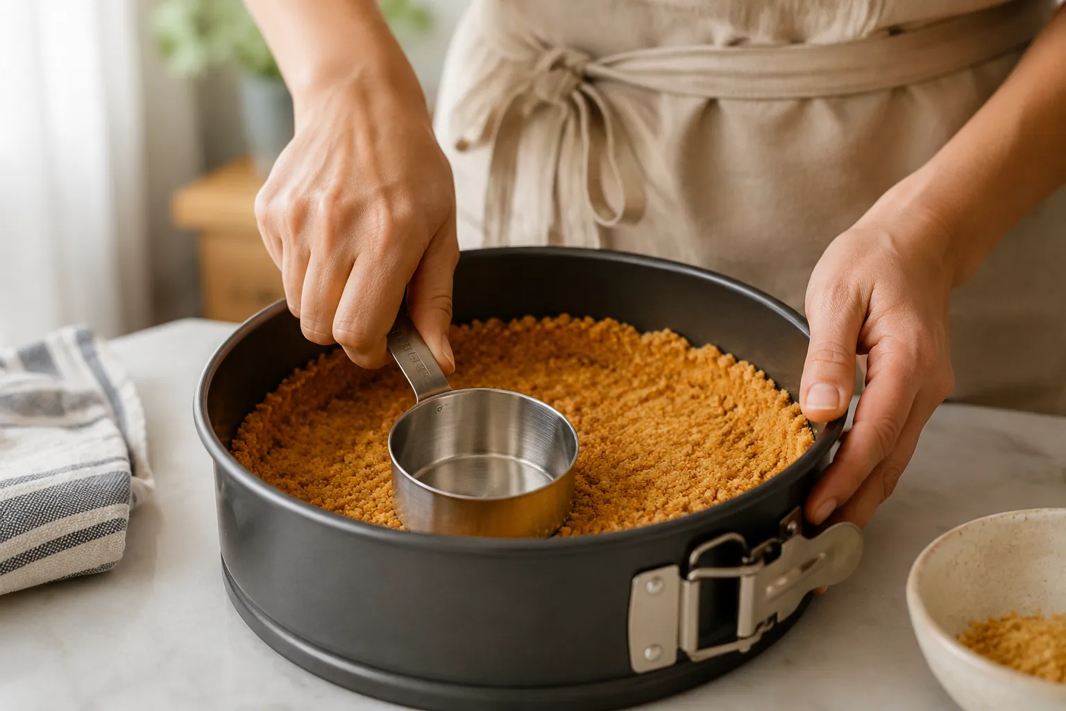Pressing graham cracker crust into springform pan for Philly cheesecake recipe