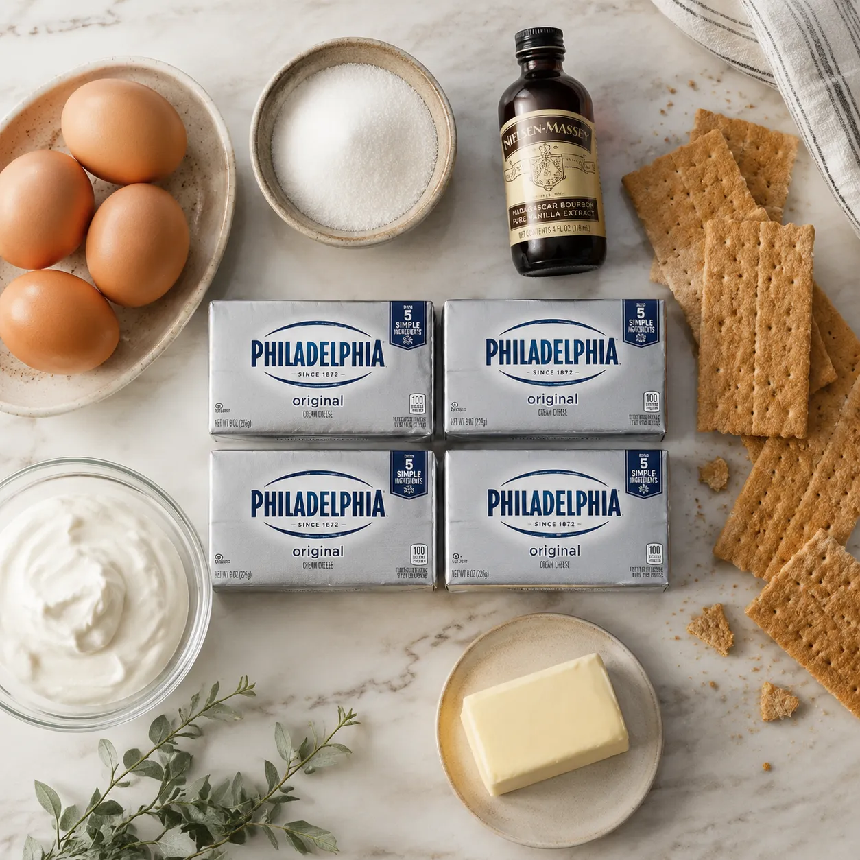 Philadelphia cheesecake recipe ingredients flatlay with cream cheese, eggs, and graham crackers