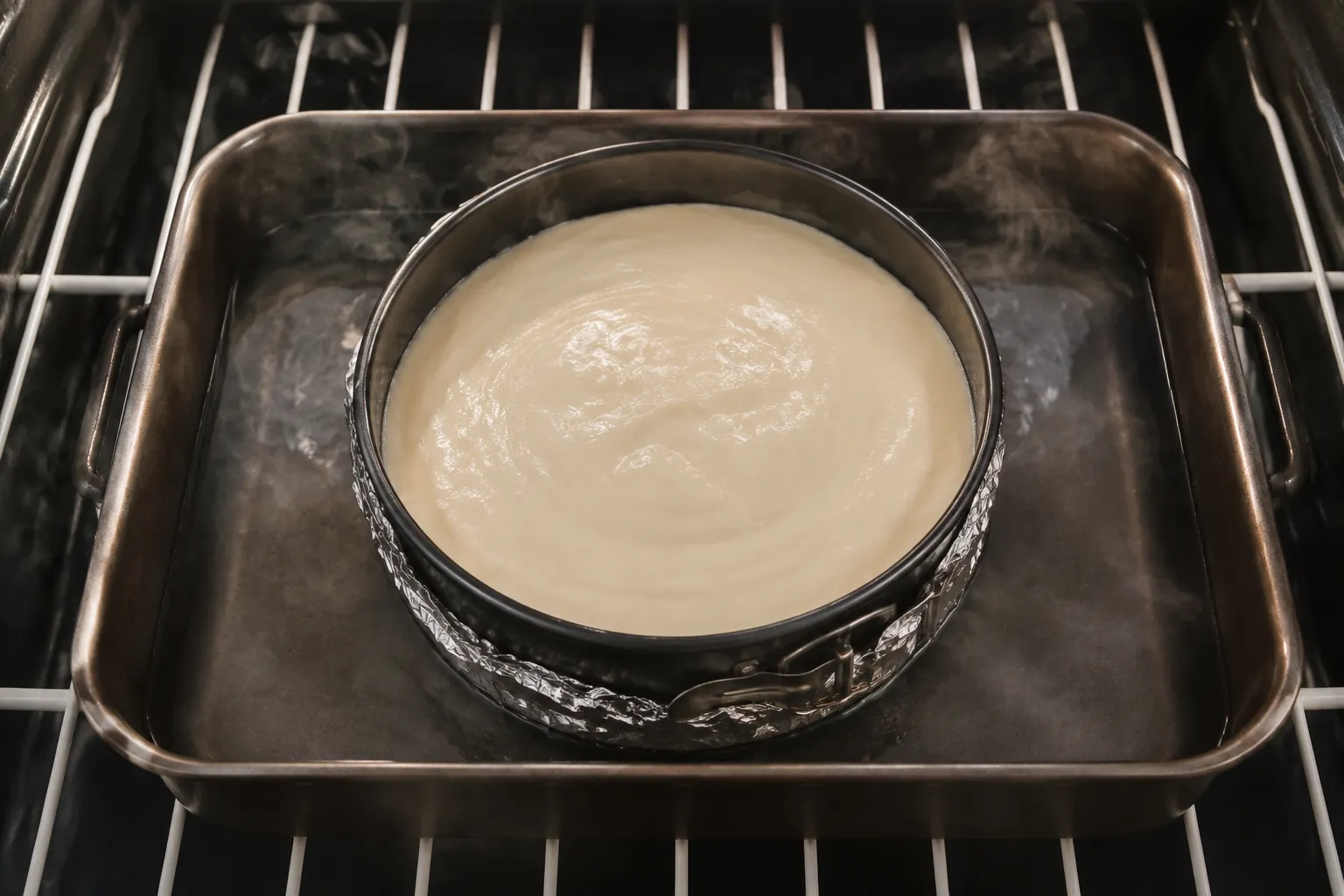 Philadelphia cheesecake baking in a water bath inside a springform pan