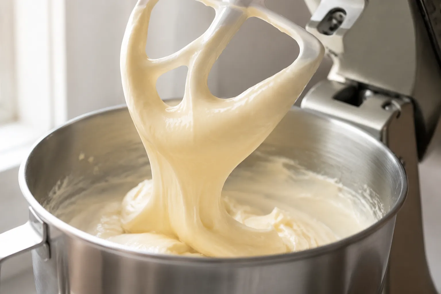 Smooth Philadelphia cream cheese filling in a stand mixer bowl