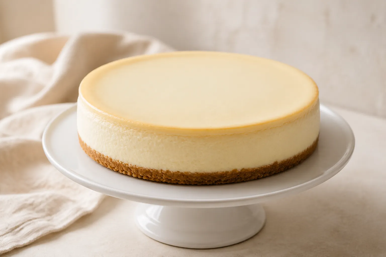 Whole Philadelphia cheesecake recipe on a white cake stand, crack-free top