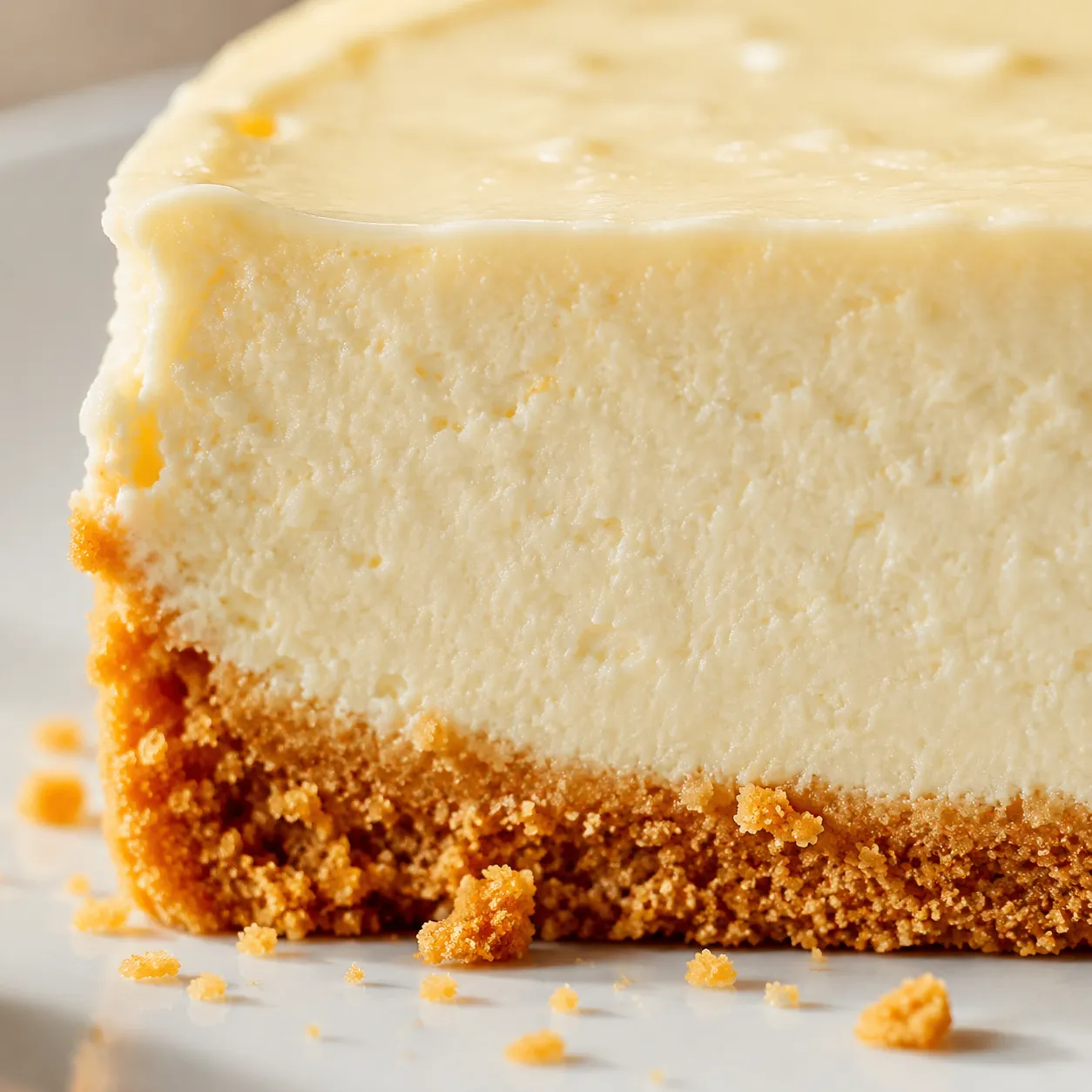 Close-up of creamy Philadelphia cheesecake filling and graham cracker crust