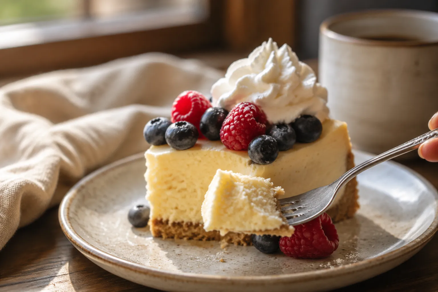 Philly cheesecake slice topped with berries and whipped cream on a dessert plate
