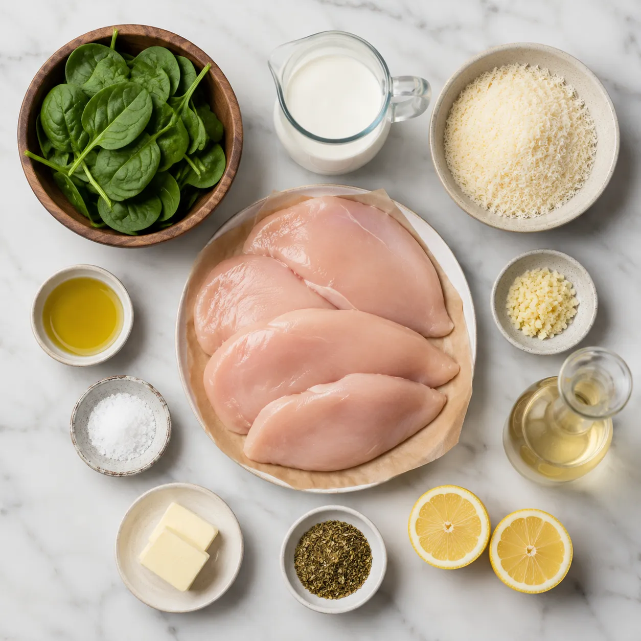 Chicken Florentine ingredients flatlay with spinach, cream, Parmesan, and garlic.