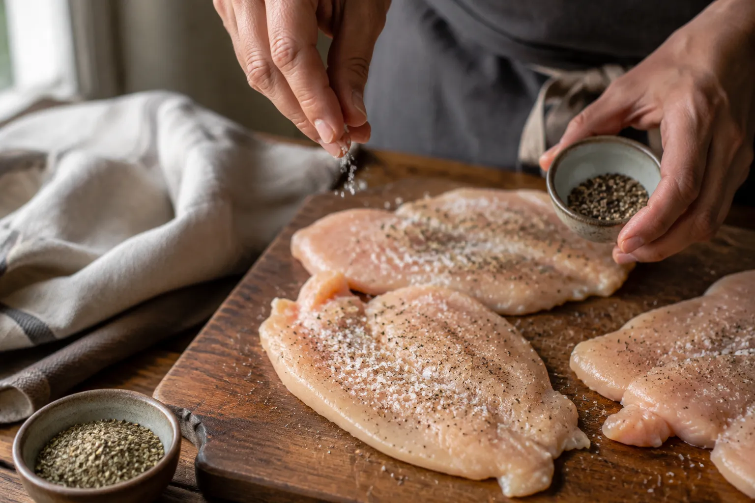 Seasoning butterflied chicken cutlets for chicken Florentine recipe.