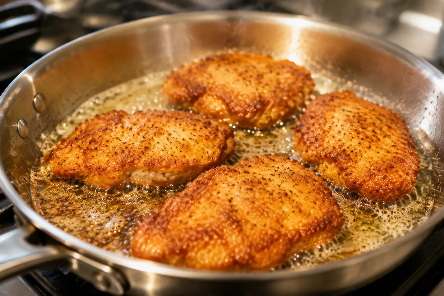 Pan-searing golden chicken cutlets for chicken Florentine in a skillet.