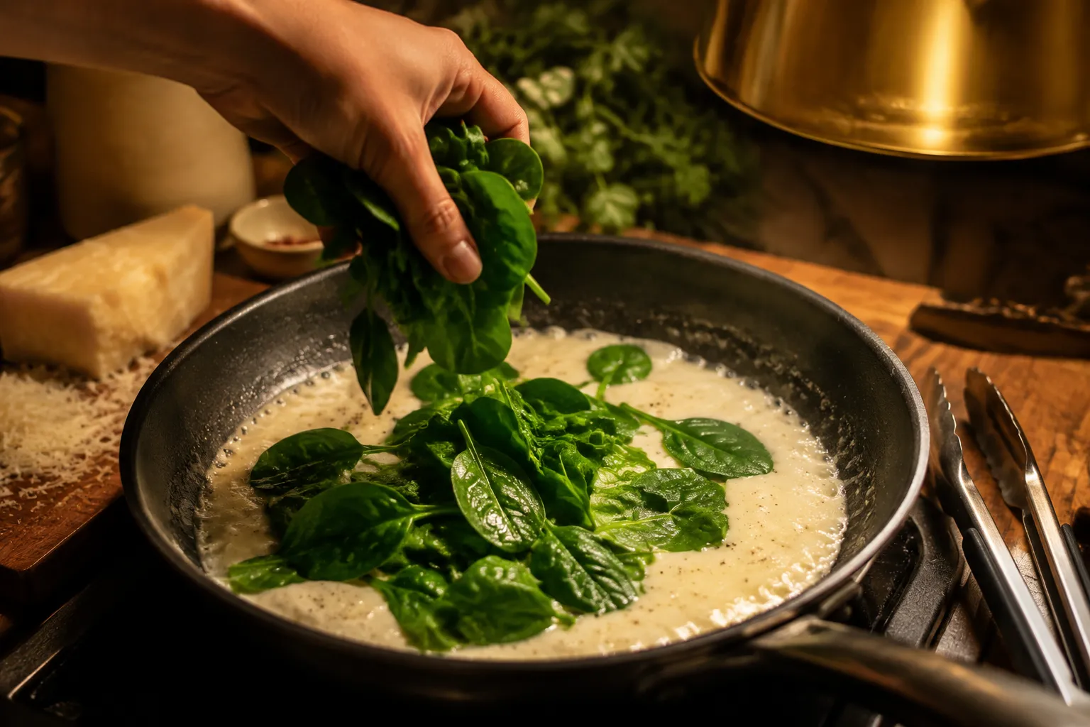 Adding baby spinach to creamy sauce for chicken Florentine recipe.