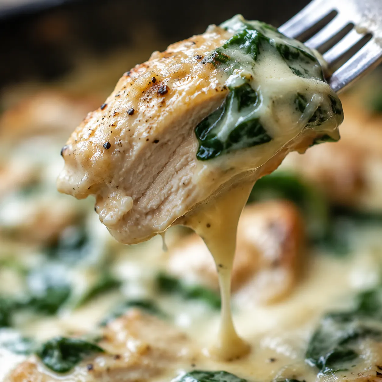 Macro close-up of chicken Florentine with creamy spinach sauce dripping from a fork.