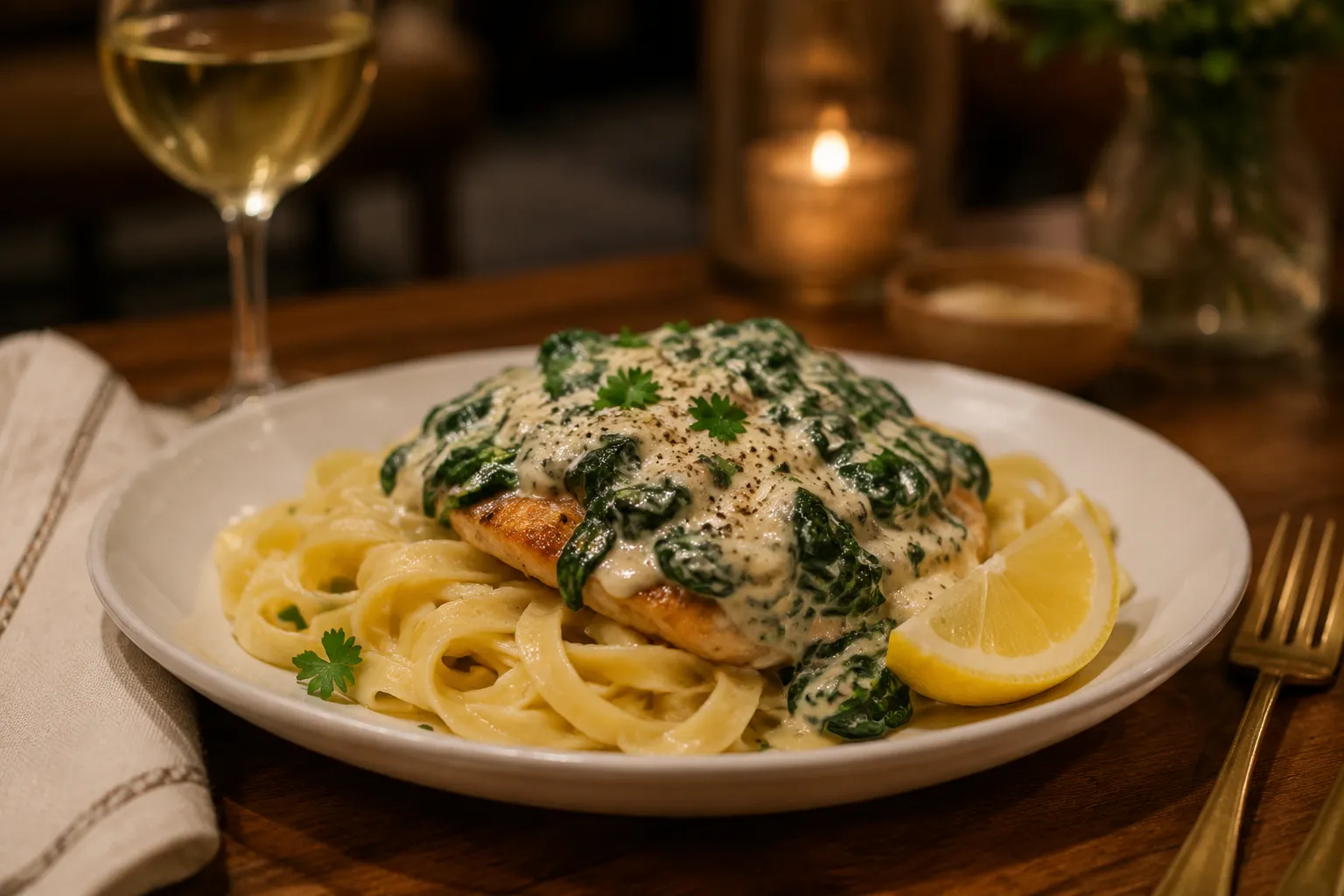 Chicken Florentine served over fettuccine pasta with white wine on the side.