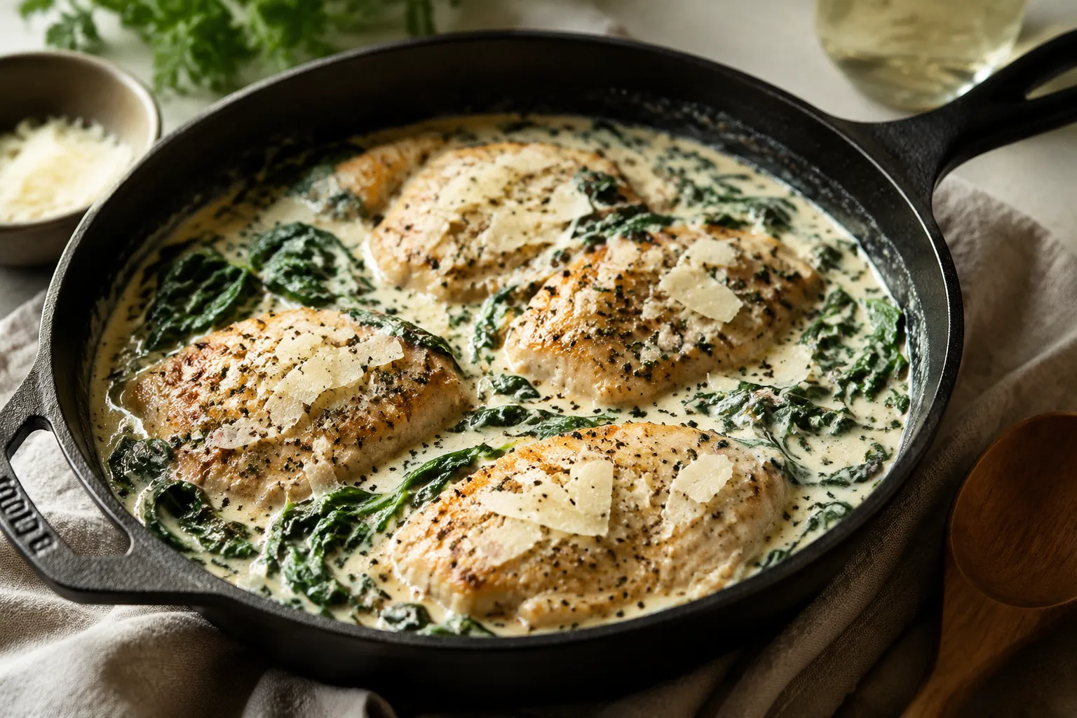 Finished chicken Florentine in a skillet with creamy spinach Parmesan sauce.