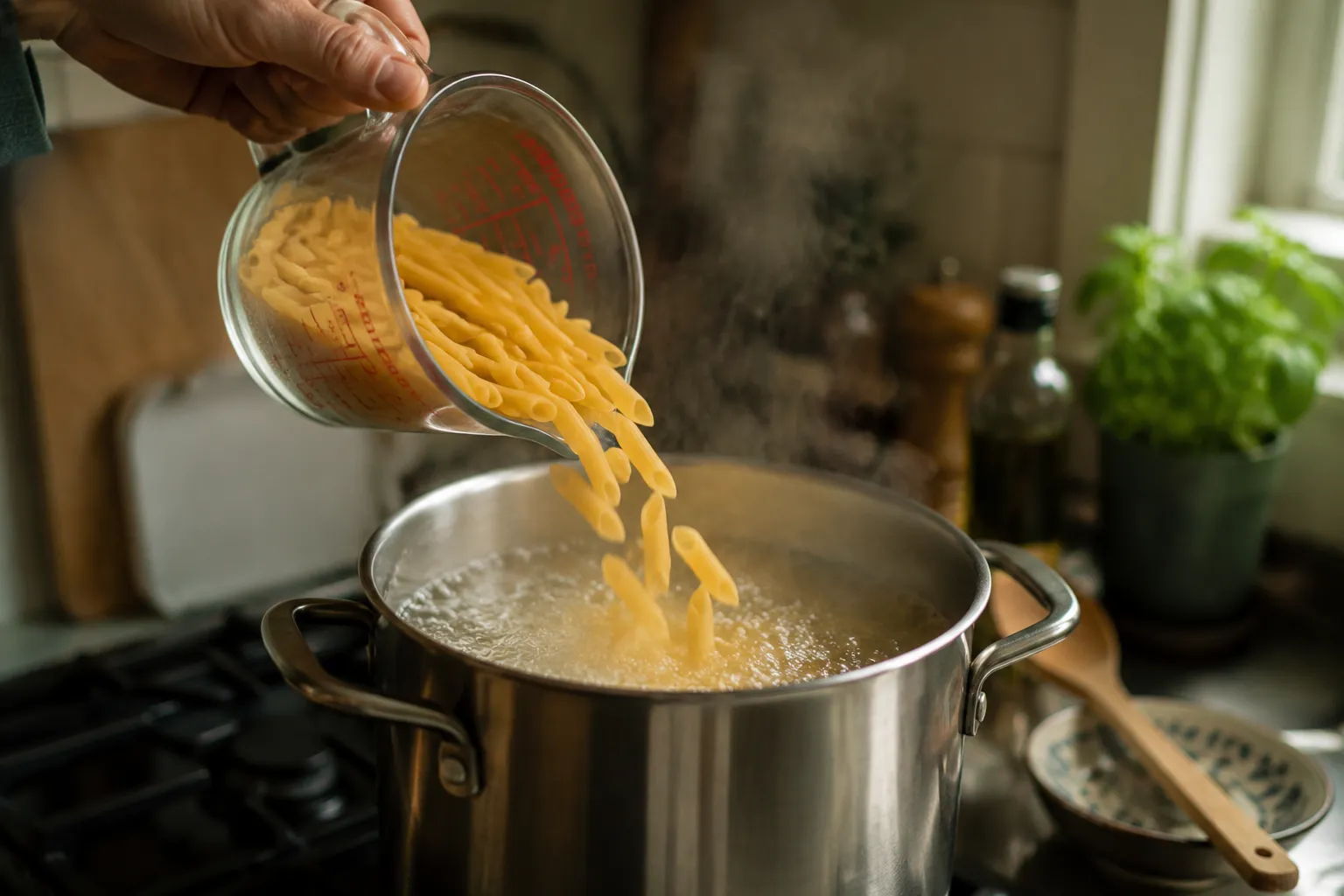 Adding penne pasta to boiling salted water for cooking al dente