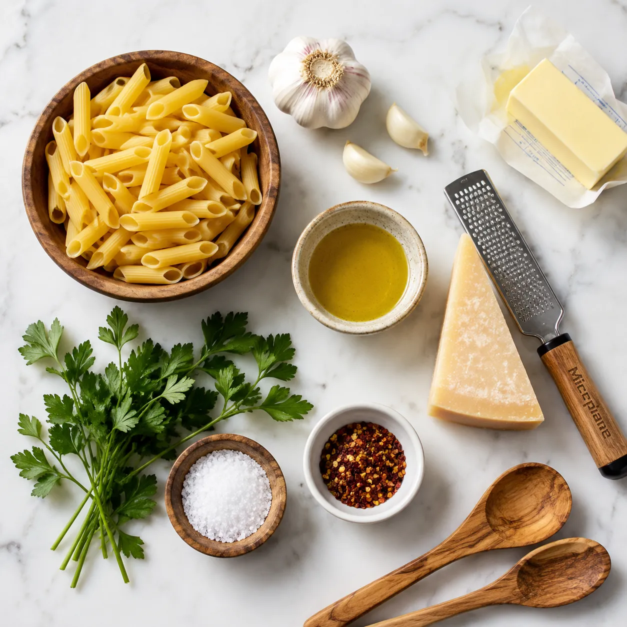 Garlic penne pasta ingredients flatlay including penne, garlic, butter, parmesan, and parsley