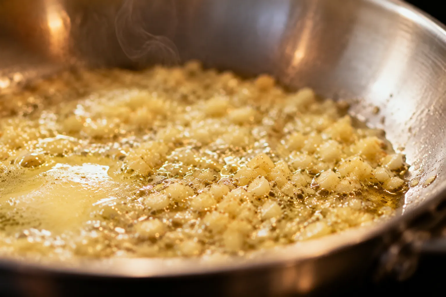 Minced garlic sizzling in butter and olive oil for penne pasta sauce