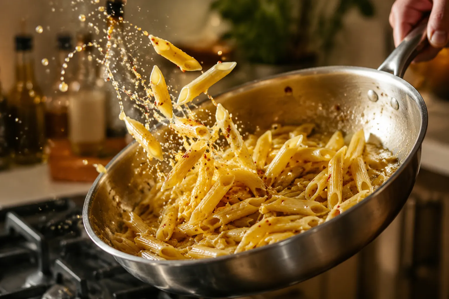 Tossing penne and pasta water with garlic butter sauce in a skillet